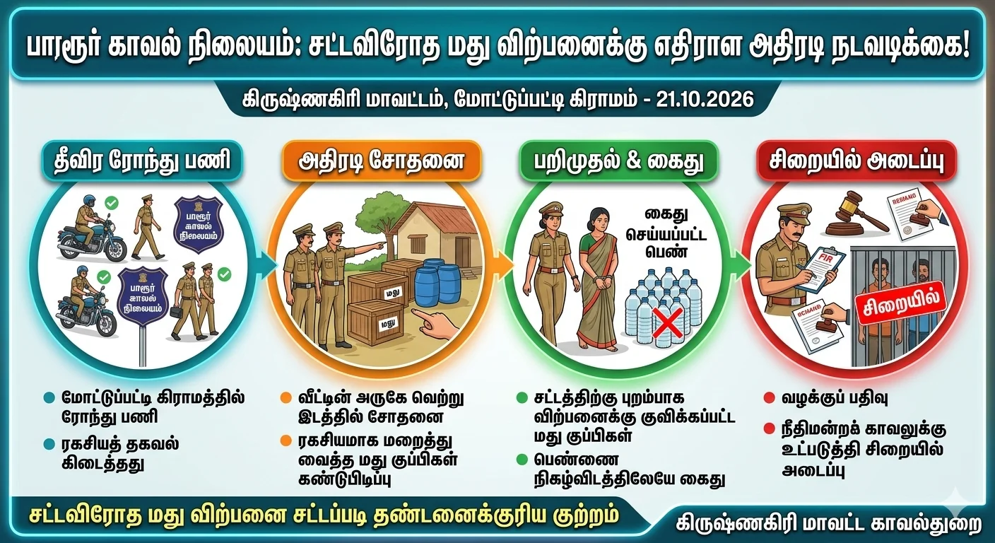 பாரூர் அருகே காவல்துறை அதிரடி: வீட்டின் அருகே கமுக்கமாக மது விற்ற நபர் கைது - மது குப்பிகள் பறிமுதல்!