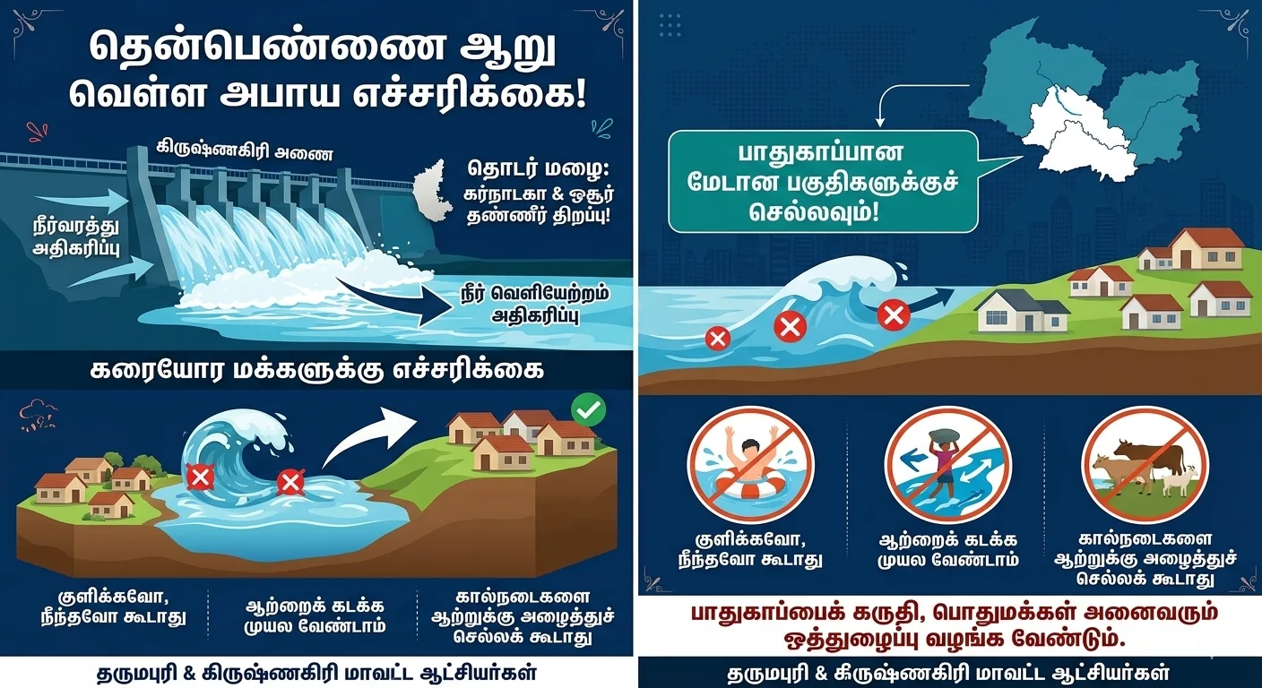 சீறும் தென்பெண்ணை! கிருஷ்ணகிரி அணையில் இருந்து 2,415 கனஅடி நீர் திறப்பு: 3 மாவட்டங்களுக்கு வெள்ள அபாய எச்சரிக்கை!