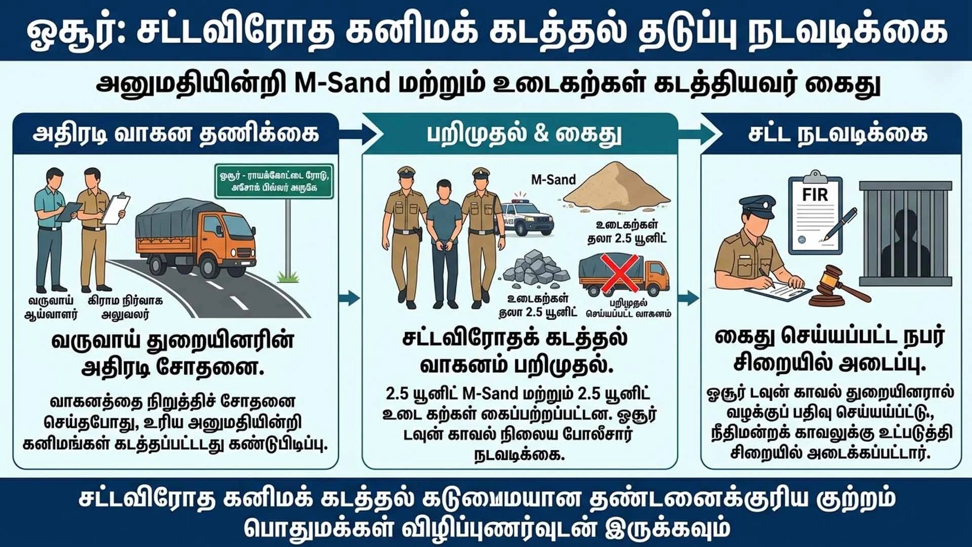 ஓசூரில் சட்டவிரோதமாக M-Sand கடத்தல்: வாலிபர் கைது, வாகனம் பறிமுதல்!
