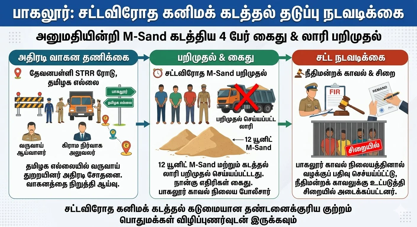 பாகலூரில் லாரியில் 12 யூனிட் M-Sand கடத்தல்: 4 பேர் கைது, லாரி பறிமுதல்!