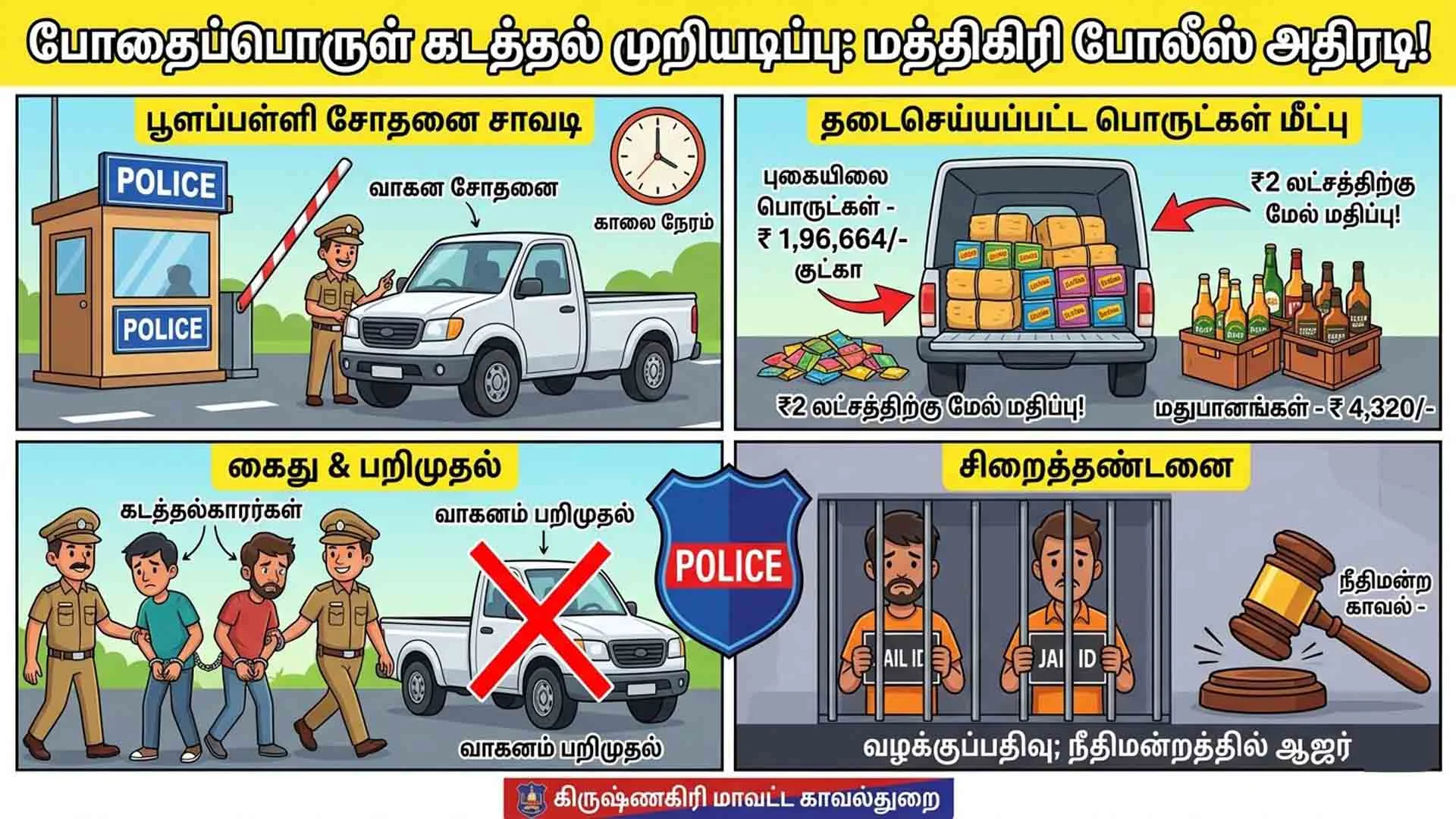 ஓசூர் மத்திகிரி காவல்துறையினர் அதிரடி: ₹2 லட்சம் மதிப்புள்ள தடைசெய்யப்பட்ட புகையிலை, மதுபானம் பறிமுதல்; 2 பேர் சிறையிலடைப்பு!