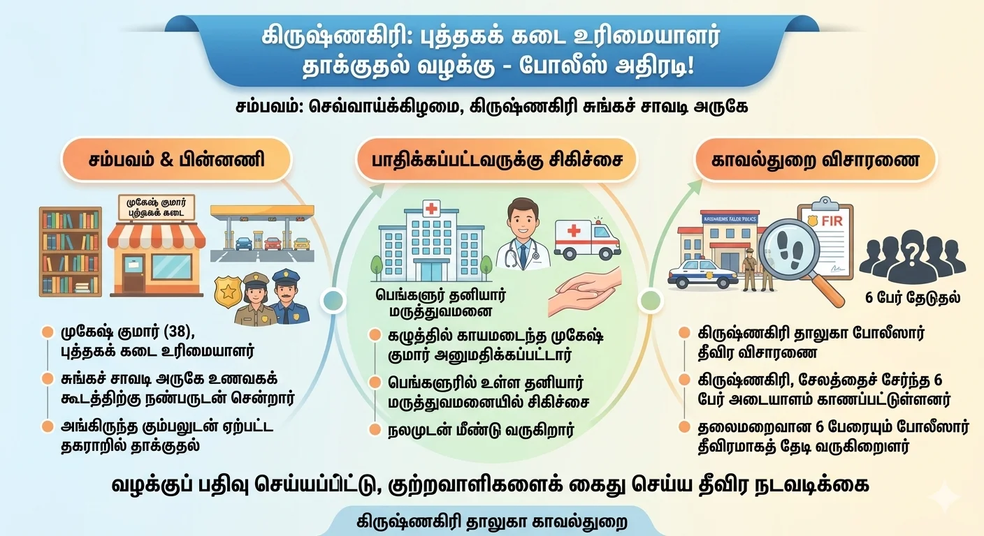கிருஷ்ணகிரி Toll-Gate அருகே பரபரப்பு: புத்தகக் கடை உரிமையாளரைத் தாக்கிய 6 பேருக்கு போலீஸார் தீவிர வலைவீச்சு!