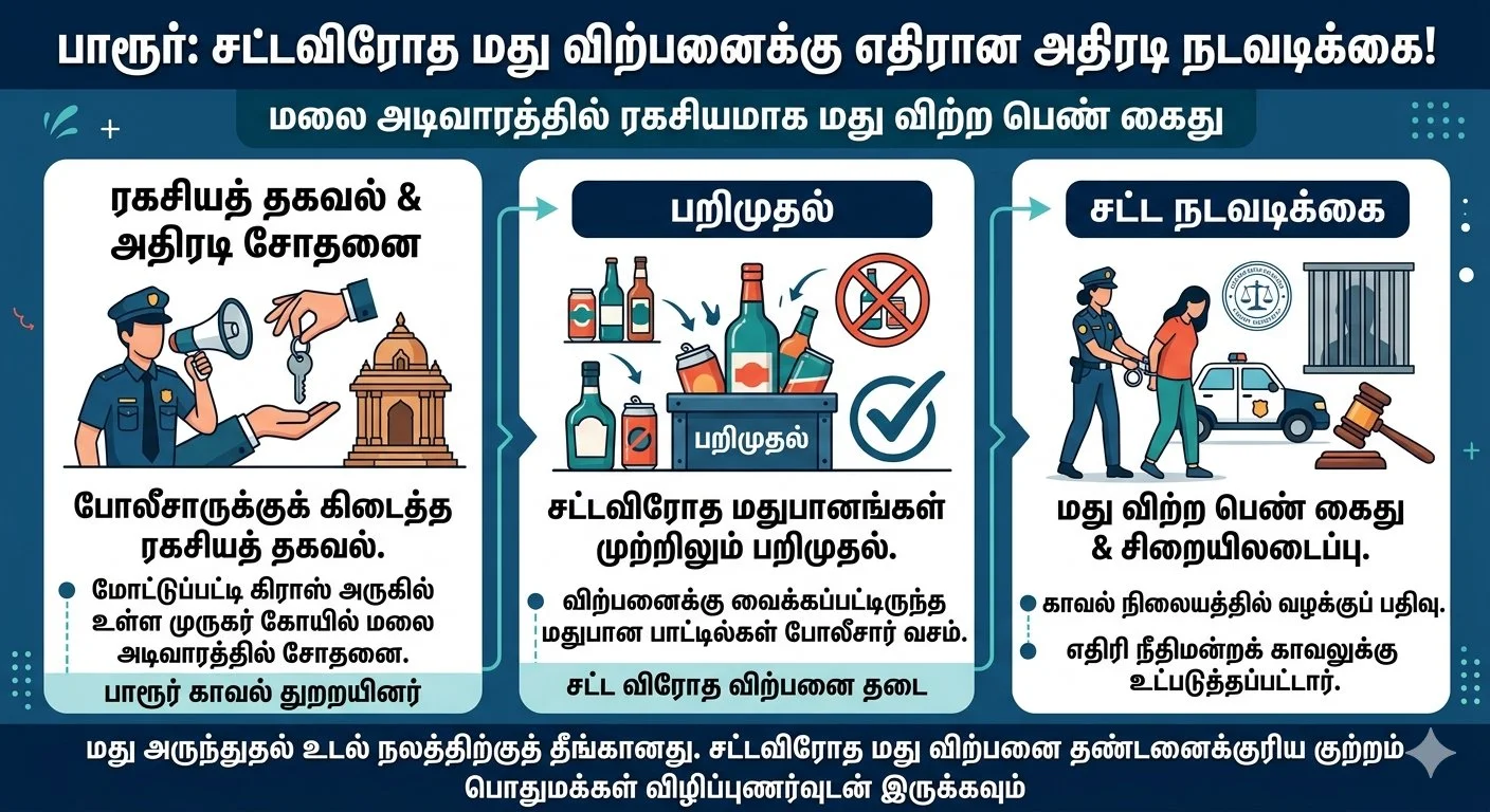 பாரூர் அருகே பரபரப்பு: மலை அடிவாரத்தில் ரகசியமாக மது விற்ற பெண் அதிரடி கைது!