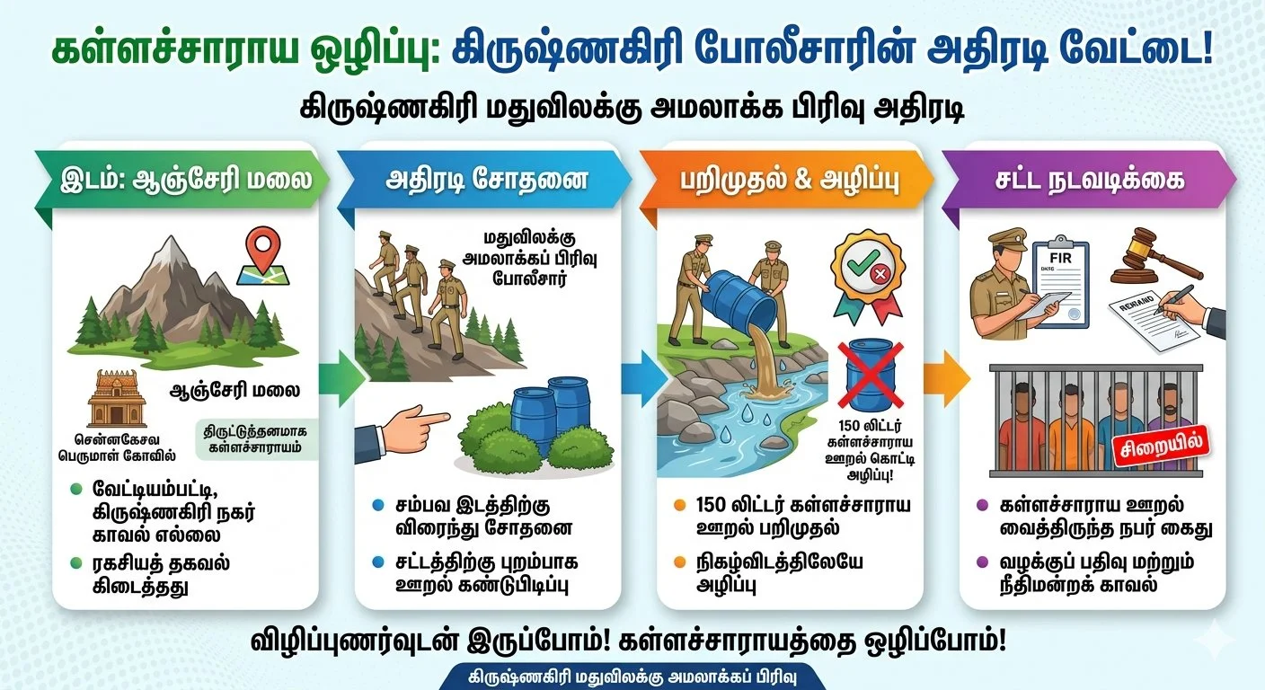 கிருஷ்ணகிரி ஆஞ்சேரி மலையில் அதிரடி: 150 லிட்டர் கள்ளச்சாராய ஊறல் அழிப்பு - ஒருவர் அதிரடி கைது!