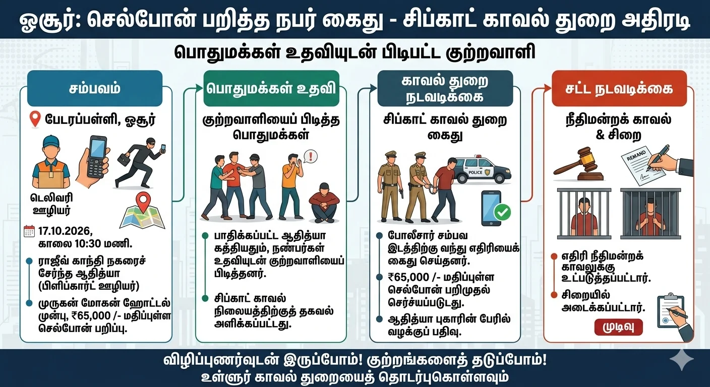 ஓசூர் டெலிவரி ஊழியரிடம் ₹65,000 மதிப்பிலான செல்போன் பறிப்பு - மர்ம நபர் கைது, சிறையிலடைப்பு!