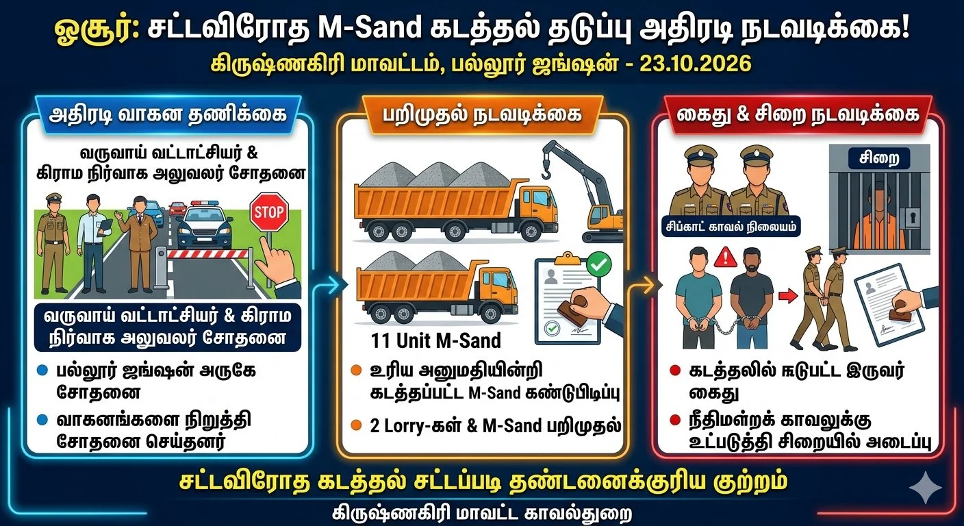 ஓசூர் எல்லையில் அதிரடி: உரிய அனுமதியின்றி M Sand கடத்திய இருவர் சிறையிலடைப்பு - வண்டிகள் பறிமுதல்!